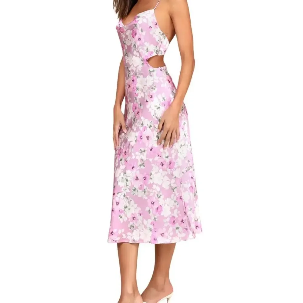 New Lulus Impressive Delight Mauve Pink Floral Midi Slip Pastel Cute Dress Sz XL